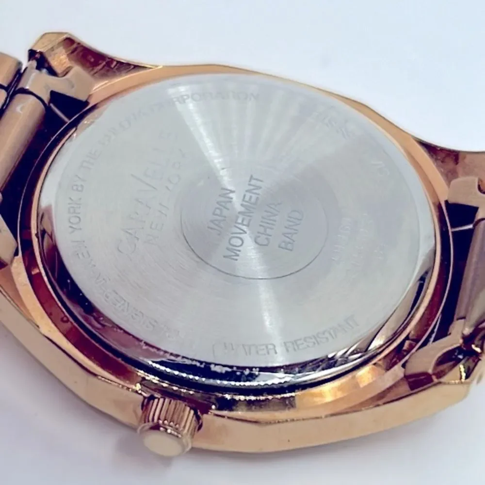 Working! Caravelle New York Rose Gold Rhinestone Face Ladies Watch